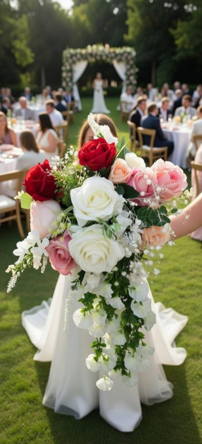 Cascading bridal bouquet — roses, lilies & white florals