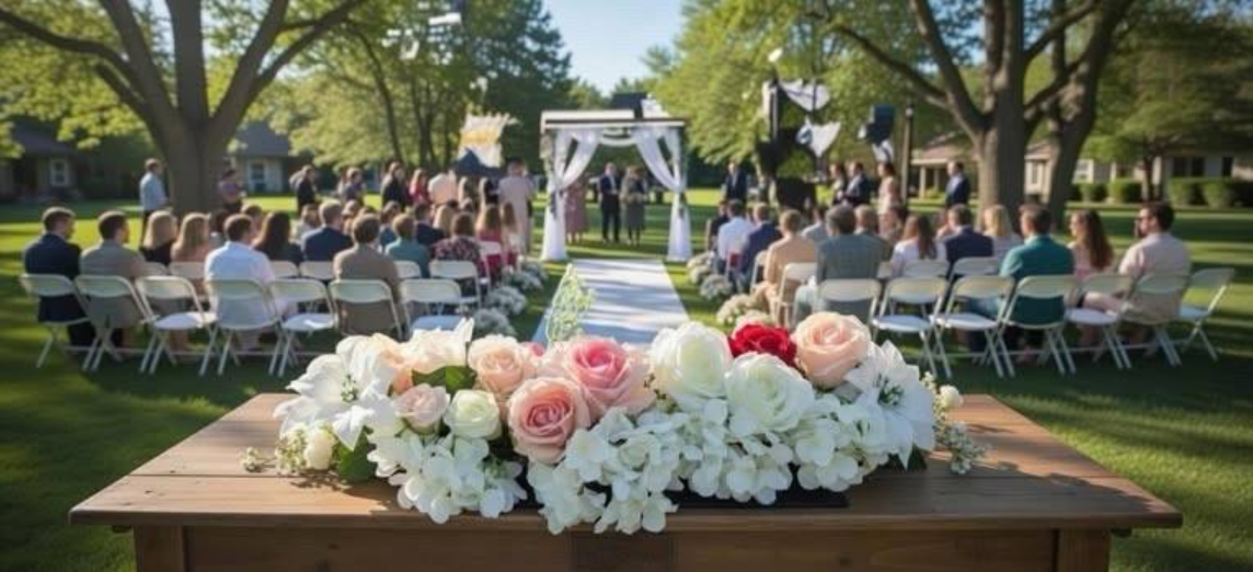 Classic white ceremony with blush head-table arrangement