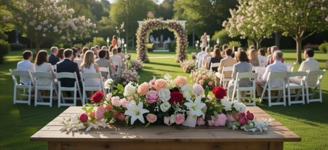 Garden ceremony with rose arch and head-table florals