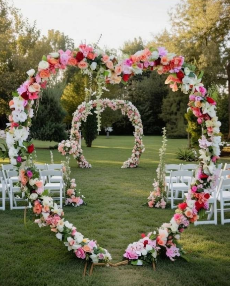 Heart arch with rose-lined aisle and ceremony arbour