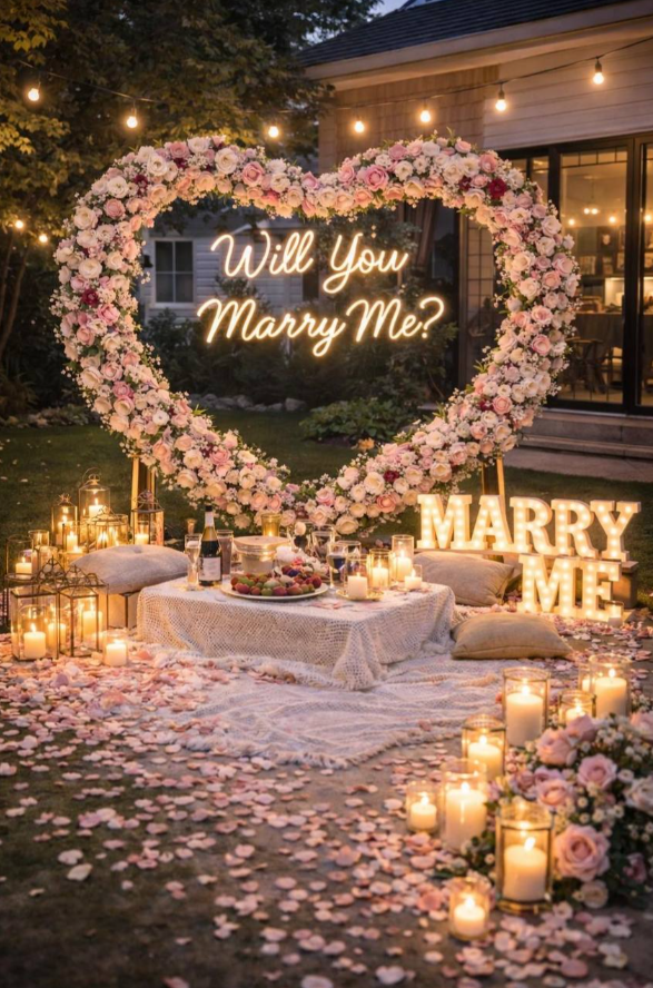 Heart-shaped floral arch with neon "Will You Marry Me?"