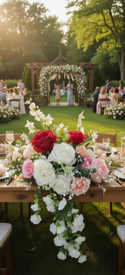 Cascading reception centrepiece in red, white & blush
